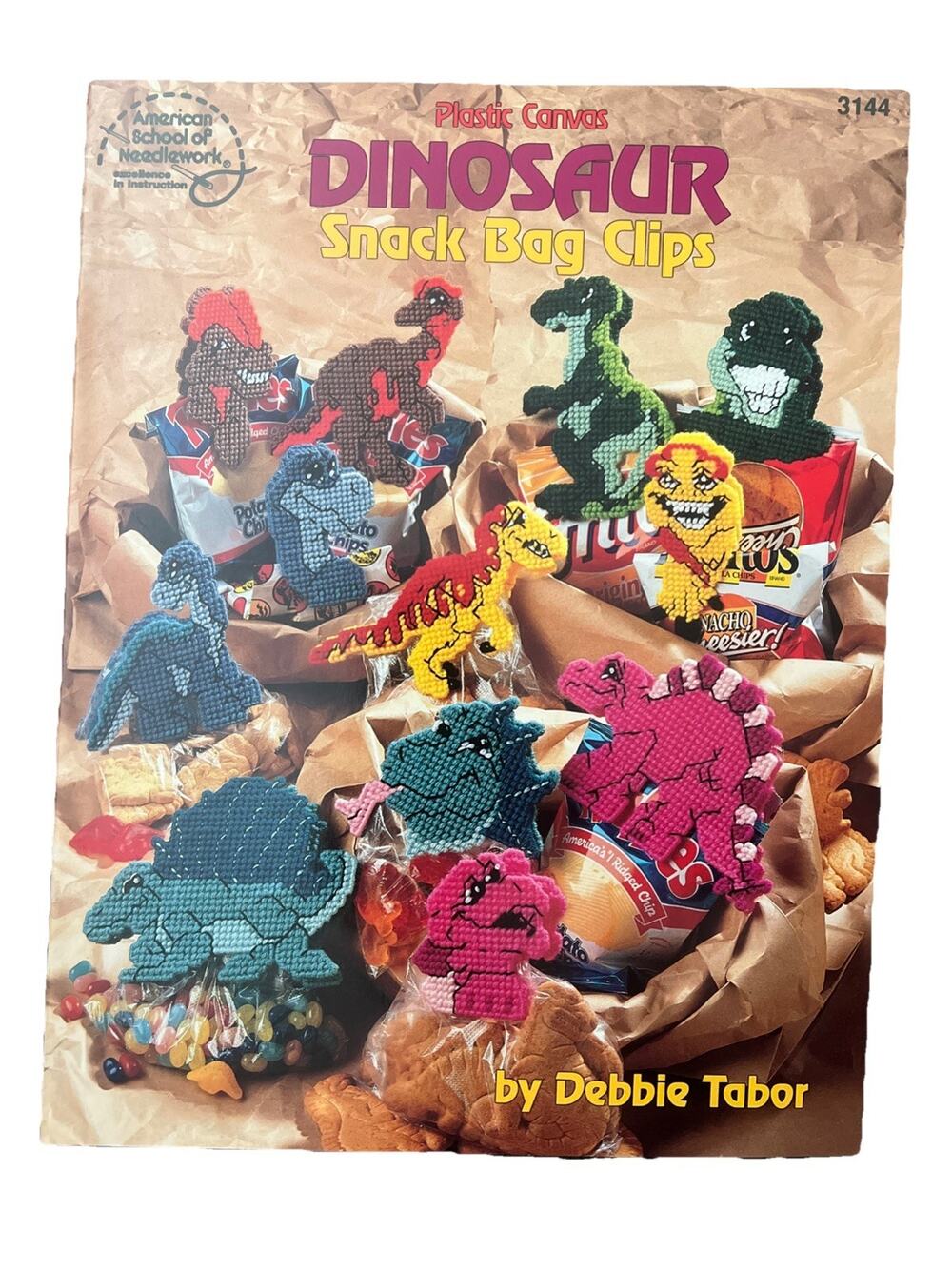 American School Needlework Plastic Canvas Dinosaur Chip Bag Clips Patterns Rare